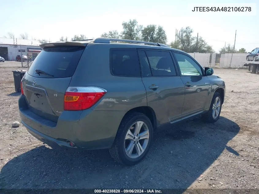 2008 Toyota Highlander Sport VIN: JTEES43A482106278 Lot: 40238828