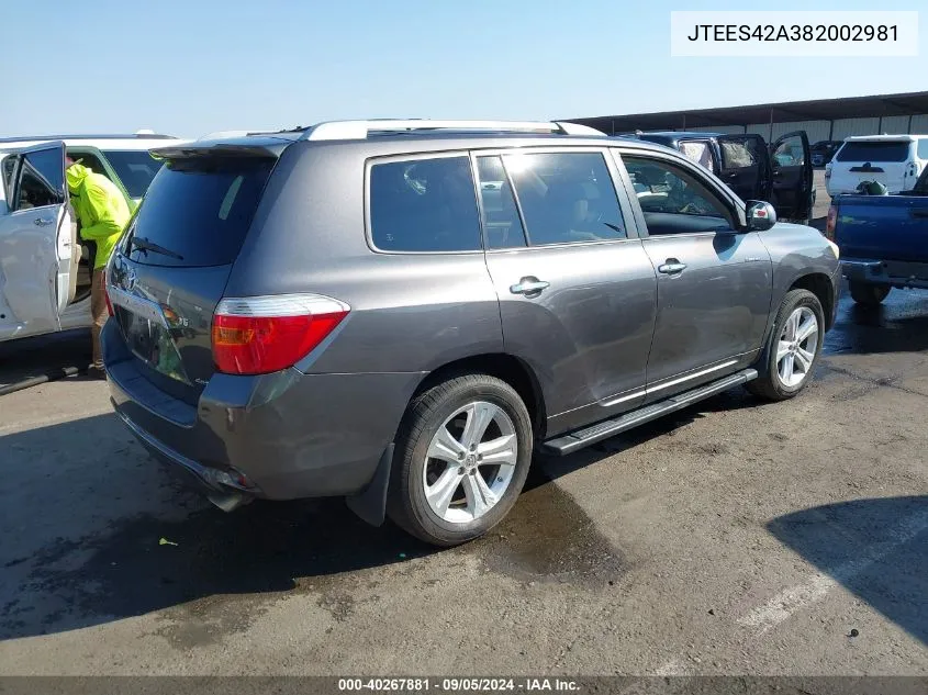 2008 Toyota Highlander Limited VIN: JTEES42A382002981 Lot: 40267881