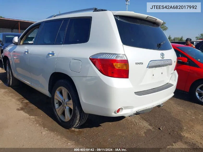 2008 Toyota Highlander Limited VIN: JTEES42A682017992 Lot: 40319142