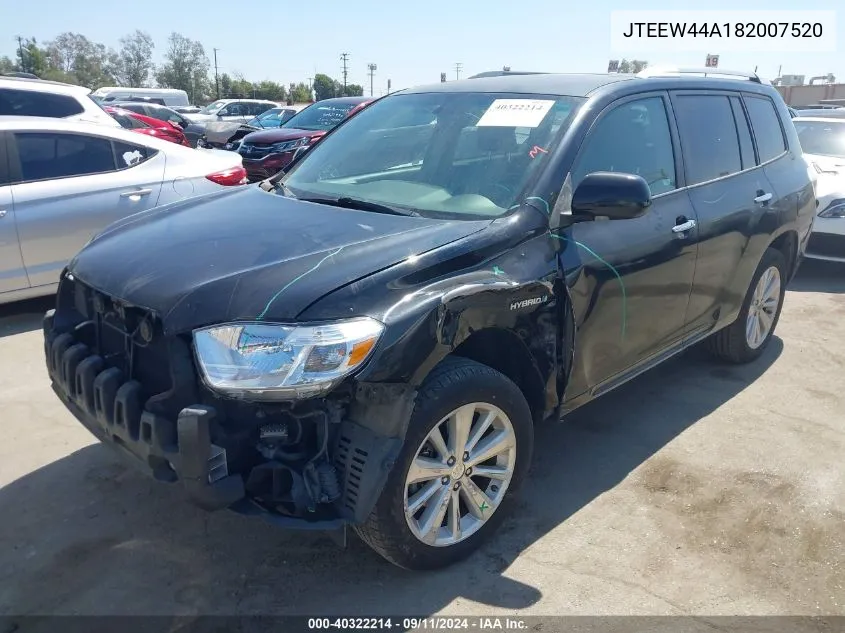 2008 Toyota Highlander Hybrid Limited VIN: JTEEW44A182007520 Lot: 40322214