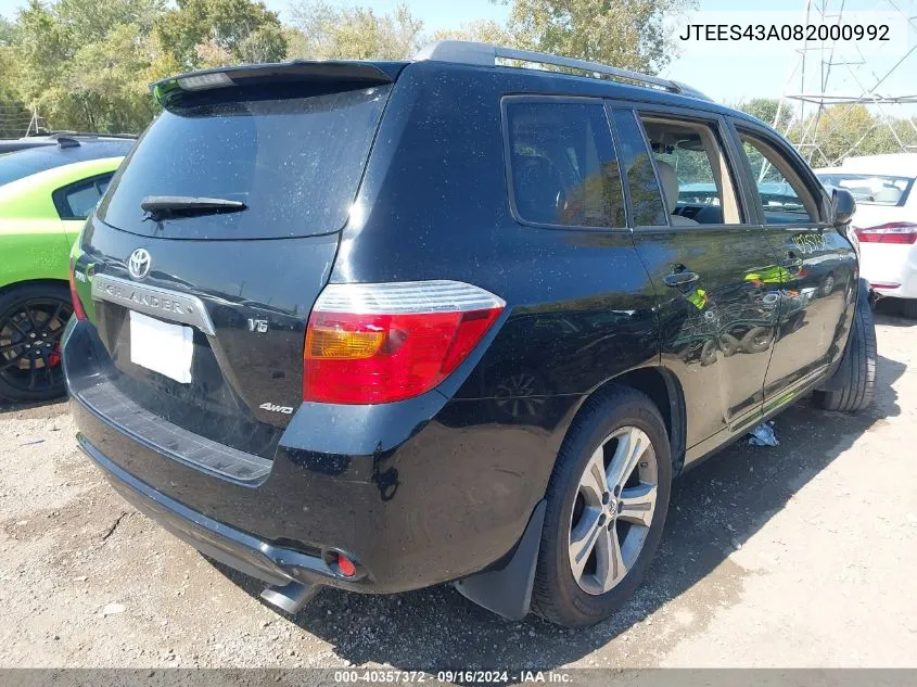 2008 Toyota Highlander Sport VIN: JTEES43A082000992 Lot: 40357372