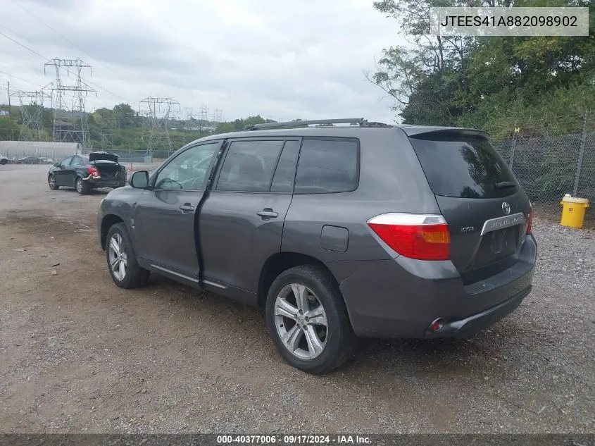 2008 Toyota Highlander VIN: JTEES41A882098902 Lot: 40377006