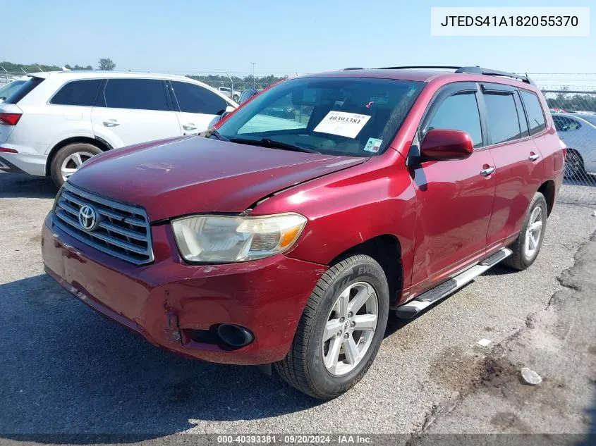 2008 Toyota Highlander VIN: JTEDS41A182055370 Lot: 40393381