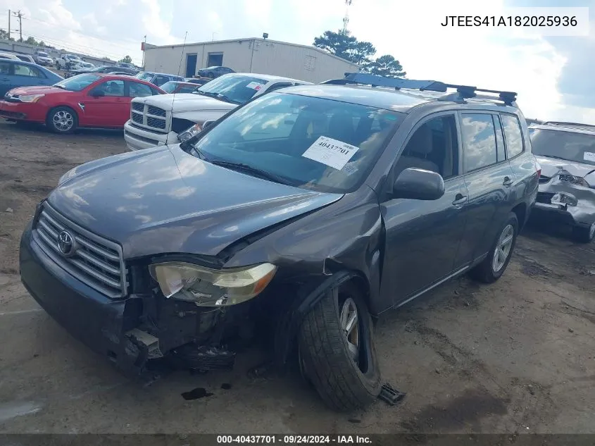 2008 Toyota Highlander VIN: JTEES41A182025936 Lot: 40437701