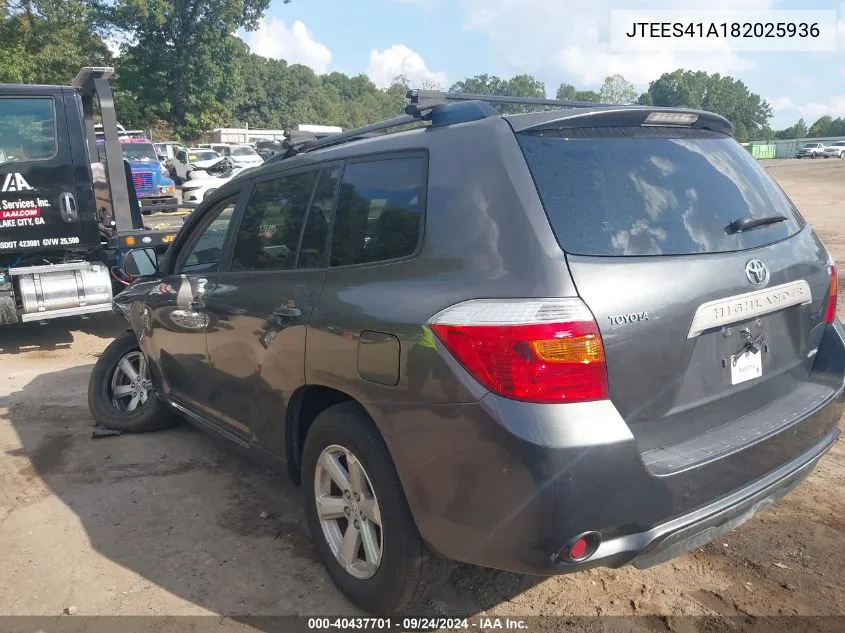 2008 Toyota Highlander VIN: JTEES41A182025936 Lot: 40437701