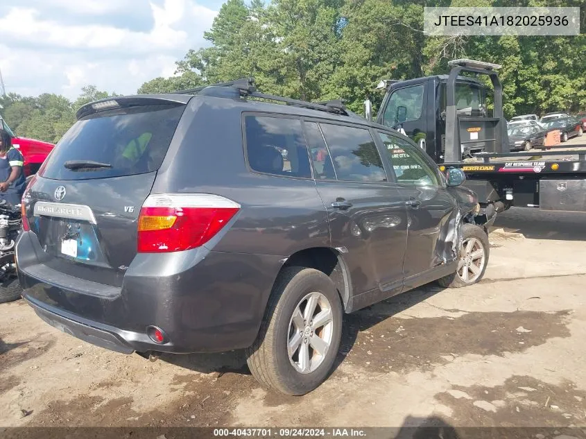 2008 Toyota Highlander VIN: JTEES41A182025936 Lot: 40437701