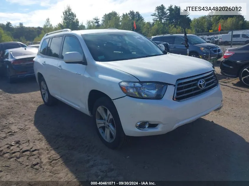 2008 Toyota Highlander Sport VIN: JTEES43A482026012 Lot: 40461071