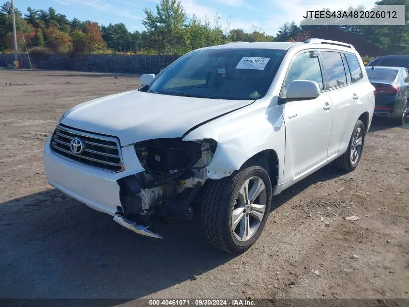 2008 Toyota Highlander Sport VIN: JTEES43A482026012 Lot: 40461071