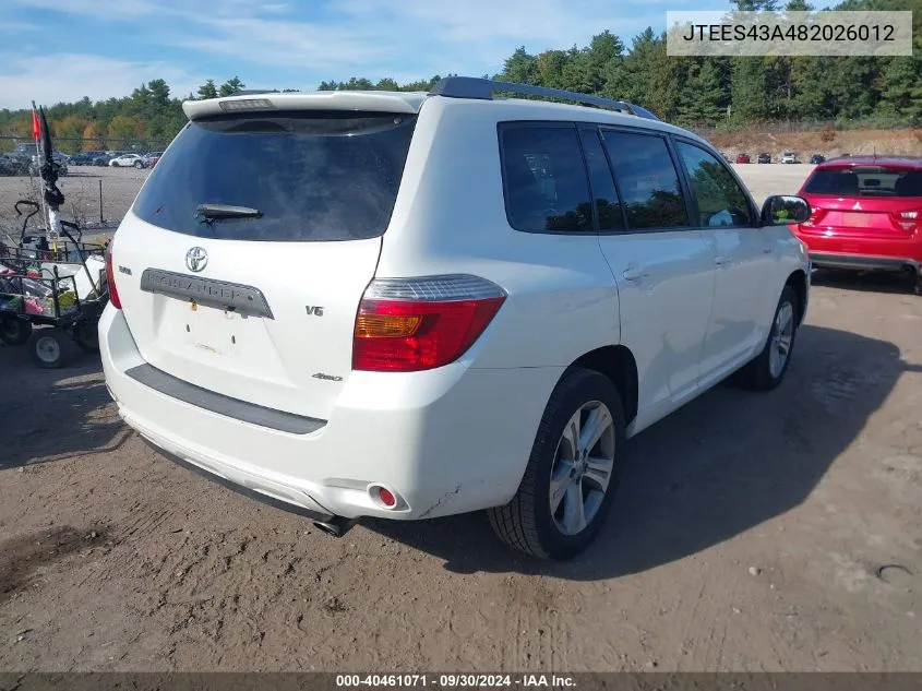 2008 Toyota Highlander Sport VIN: JTEES43A482026012 Lot: 40461071