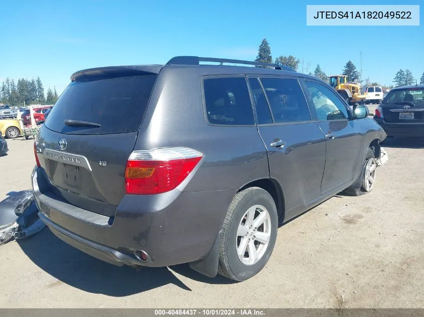 2008 Toyota Highlander VIN: JTEDS41A182049522 Lot: 40484437