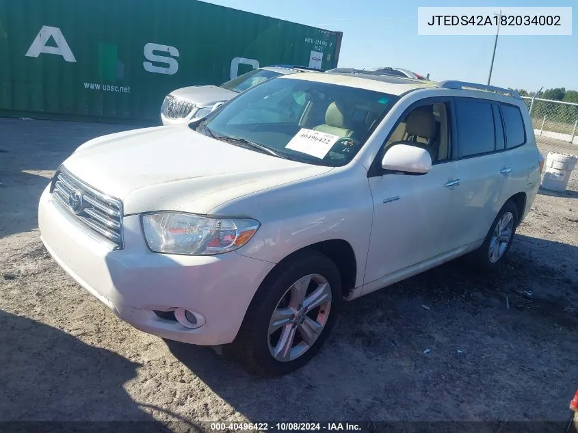 2008 Toyota Highlander Limited VIN: JTEDS42A182034002 Lot: 40496422