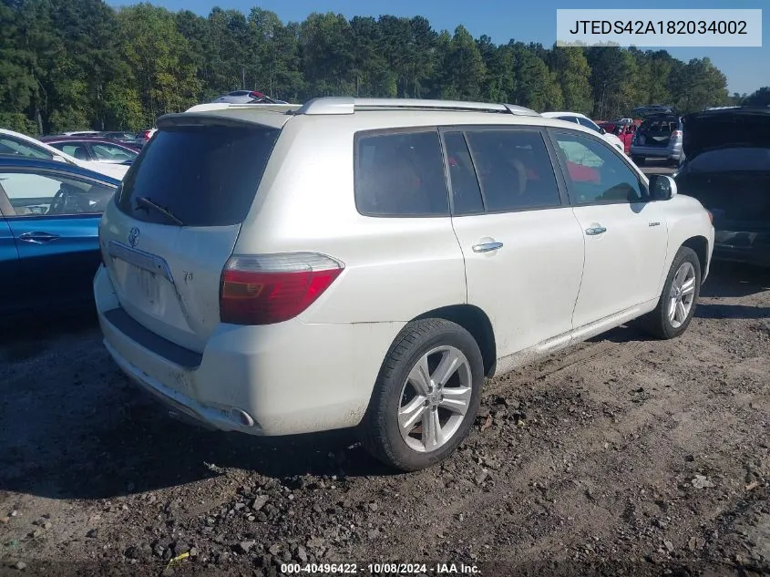 2008 Toyota Highlander Limited VIN: JTEDS42A182034002 Lot: 40496422