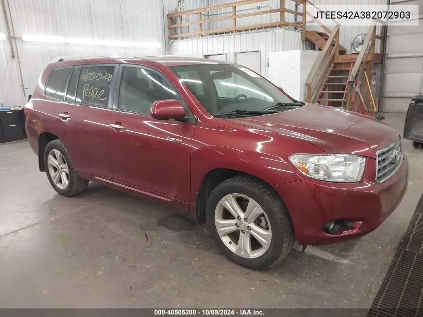 2008 Toyota Highlander Limited VIN: JTEES42A382072903 Lot: 40505200