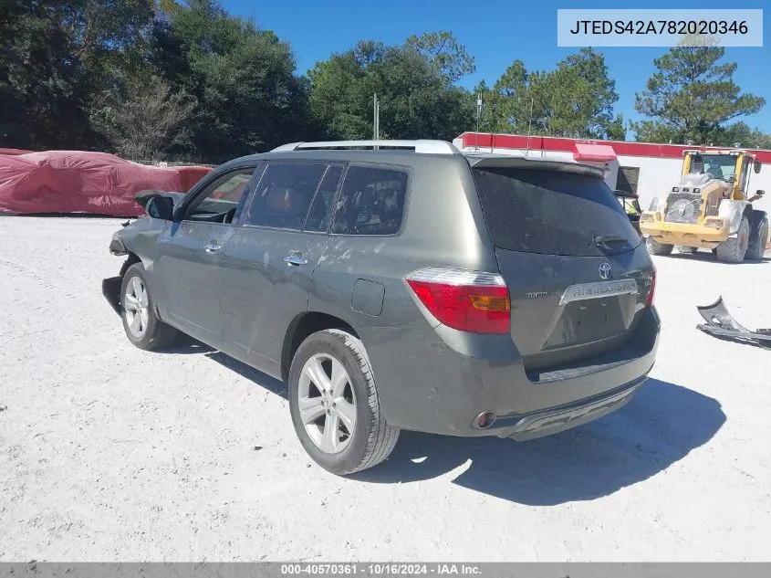 2008 Toyota Highlander Limited VIN: JTEDS42A782020346 Lot: 40570361