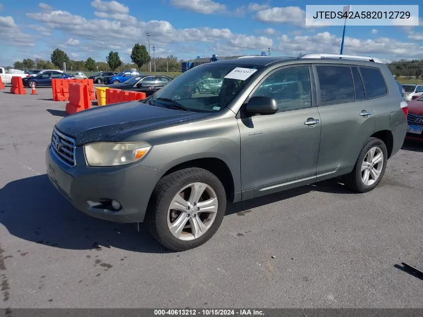 2008 Toyota Highlander Limited VIN: JTEDS42A582012729 Lot: 40613212