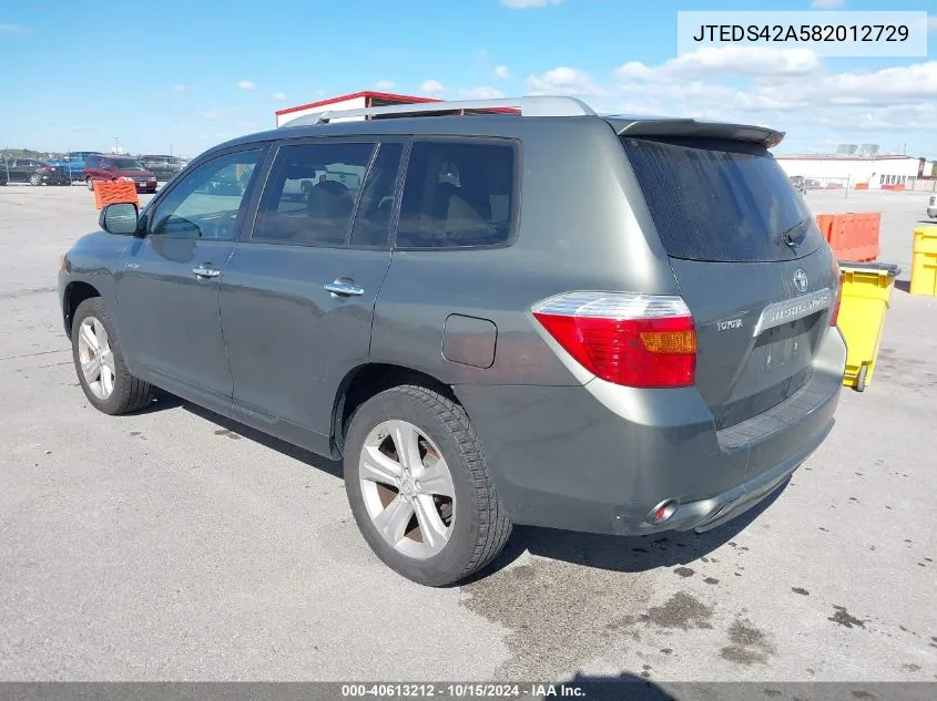 2008 Toyota Highlander Limited VIN: JTEDS42A582012729 Lot: 40613212