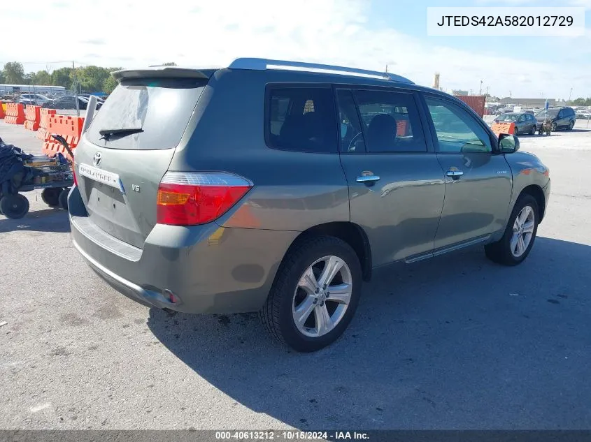 2008 Toyota Highlander Limited VIN: JTEDS42A582012729 Lot: 40613212