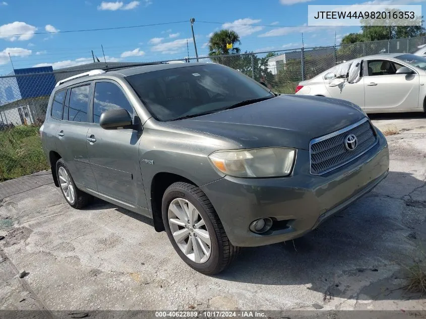 2008 Toyota Highlander Hybrid Limited VIN: JTEEW44A982016353 Lot: 40622889