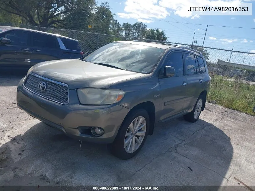 2008 Toyota Highlander Hybrid Limited VIN: JTEEW44A982016353 Lot: 40622889