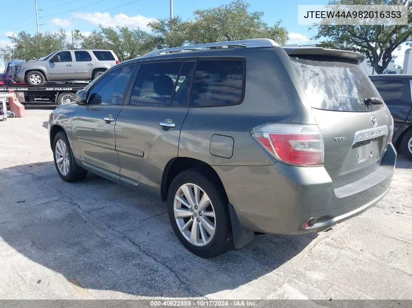 2008 Toyota Highlander Hybrid Limited VIN: JTEEW44A982016353 Lot: 40622889