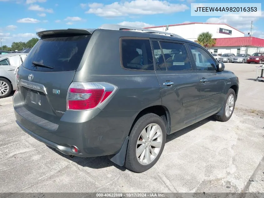 2008 Toyota Highlander Hybrid Limited VIN: JTEEW44A982016353 Lot: 40622889