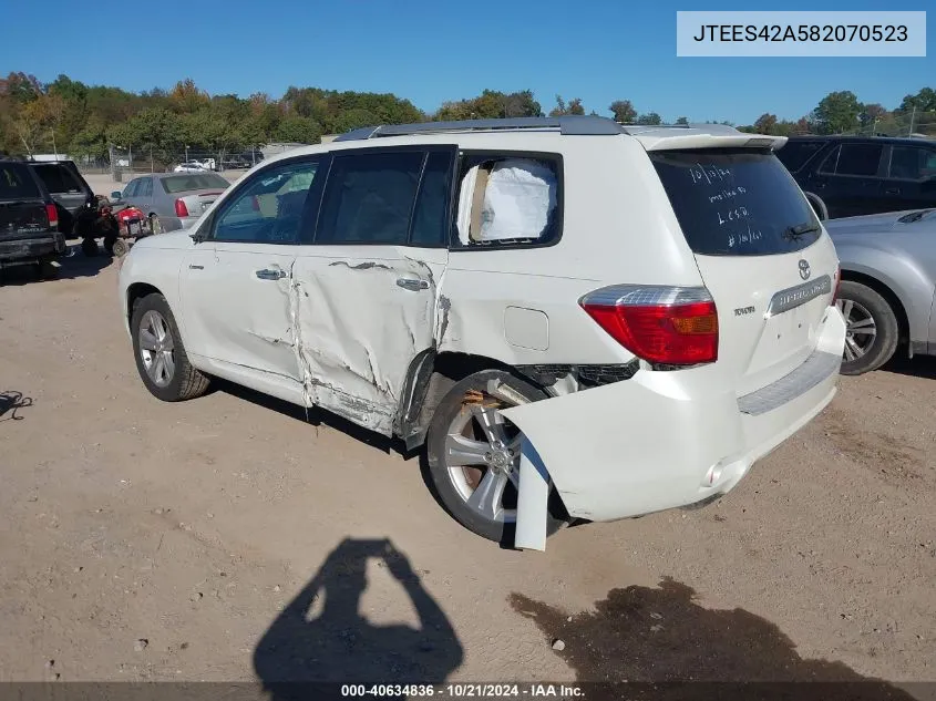 2008 Toyota Highlander Limited VIN: JTEES42A582070523 Lot: 40634836