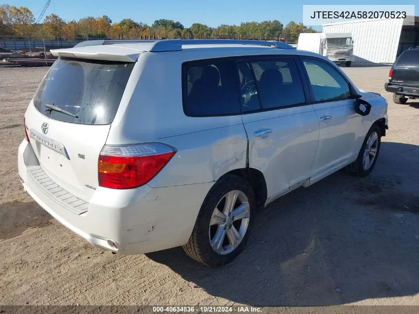 2008 Toyota Highlander Limited VIN: JTEES42A582070523 Lot: 40634836