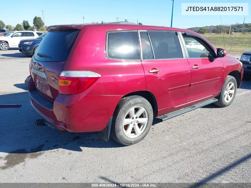 2008 Toyota Highlander VIN: JTEDS41A882017571 Lot: 40636924