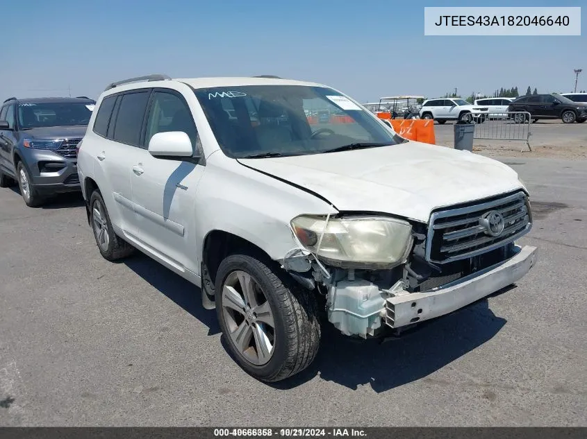 2008 Toyota Highlander Sport VIN: JTEES43A182046640 Lot: 40666358