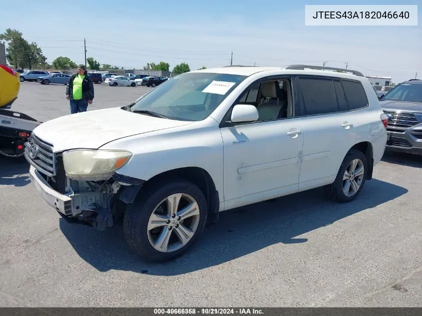 2008 Toyota Highlander Sport VIN: JTEES43A182046640 Lot: 40666358