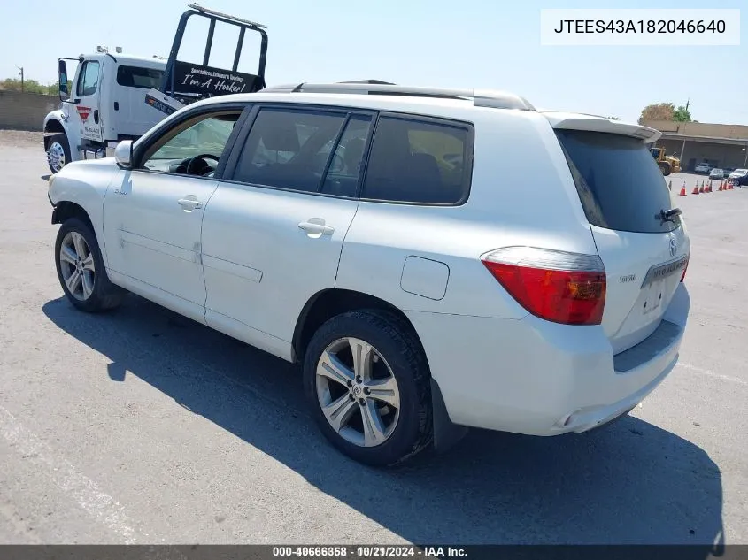 2008 Toyota Highlander Sport VIN: JTEES43A182046640 Lot: 40666358