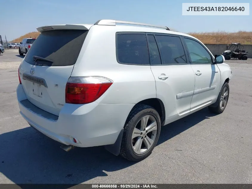 2008 Toyota Highlander Sport VIN: JTEES43A182046640 Lot: 40666358