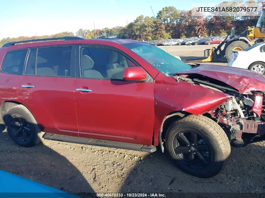 2008 Toyota Highlander VIN: JTEES41A582079577 Lot: 40670233