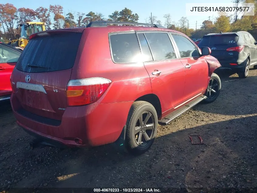 2008 Toyota Highlander VIN: JTEES41A582079577 Lot: 40670233