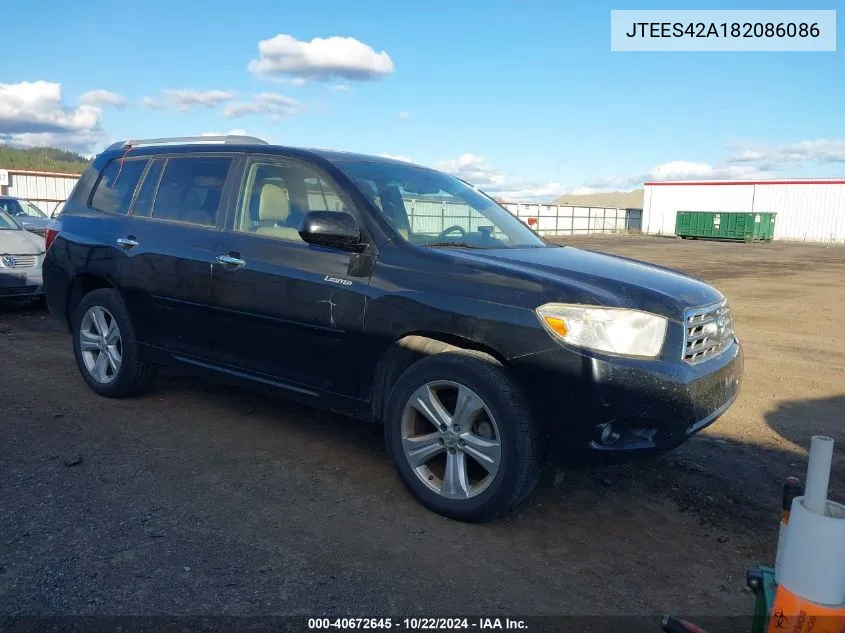 2008 Toyota Highlander Limited VIN: JTEES42A182086086 Lot: 40672645