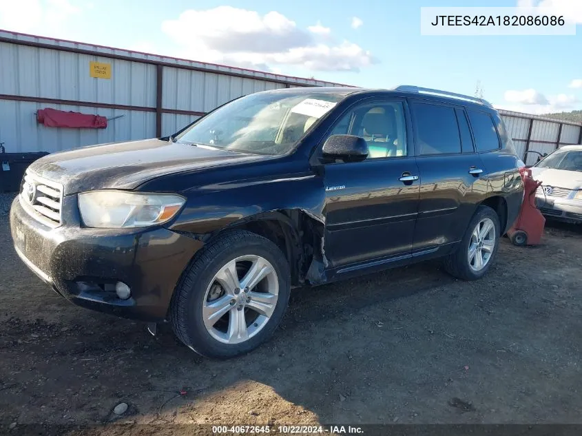 2008 Toyota Highlander Limited VIN: JTEES42A182086086 Lot: 40672645