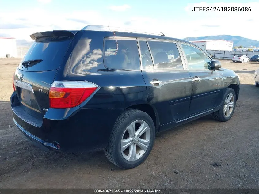 2008 Toyota Highlander Limited VIN: JTEES42A182086086 Lot: 40672645