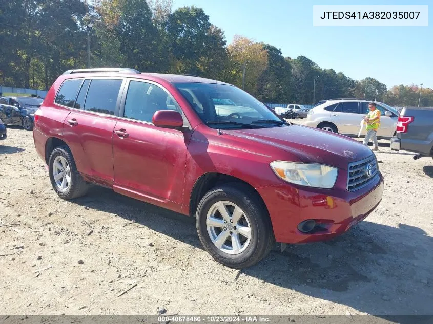 2008 Toyota Highlander VIN: JTEDS41A382035007 Lot: 40678486