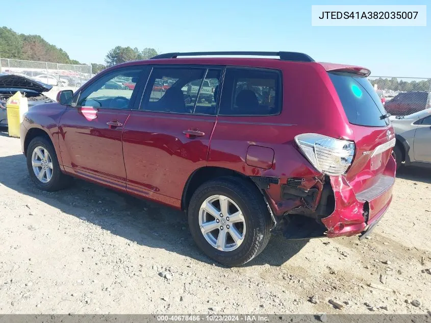 2008 Toyota Highlander VIN: JTEDS41A382035007 Lot: 40678486