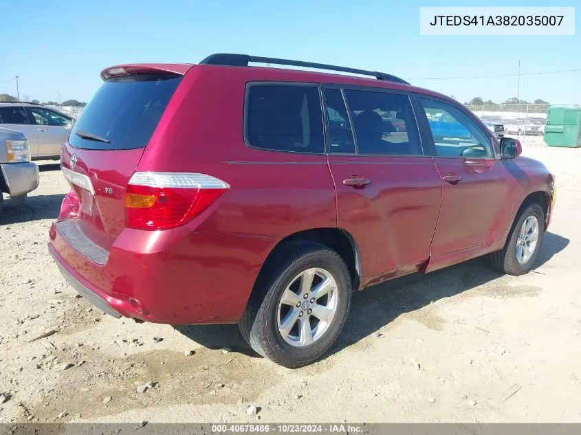 2008 Toyota Highlander VIN: JTEDS41A382035007 Lot: 40678486