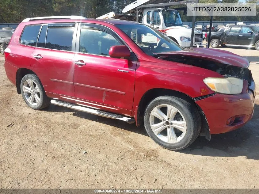 2008 Toyota Highlander Limited VIN: JTEDS42A382025026 Lot: 40686274