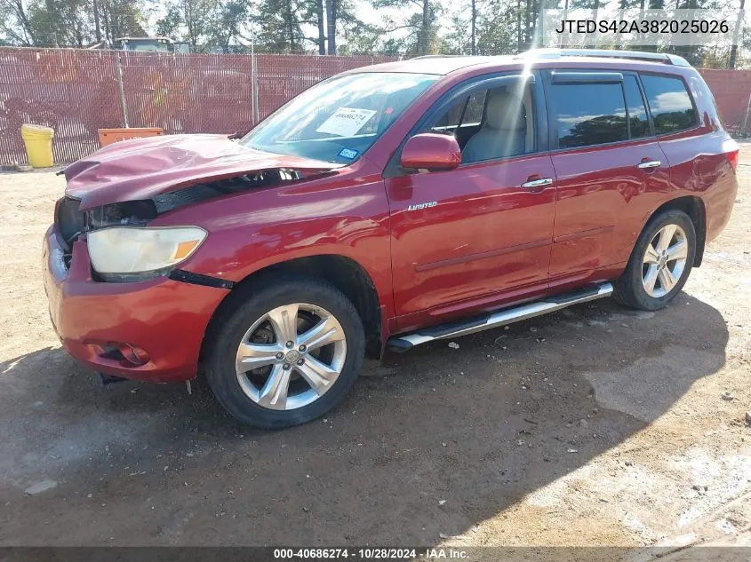 2008 Toyota Highlander Limited VIN: JTEDS42A382025026 Lot: 40686274