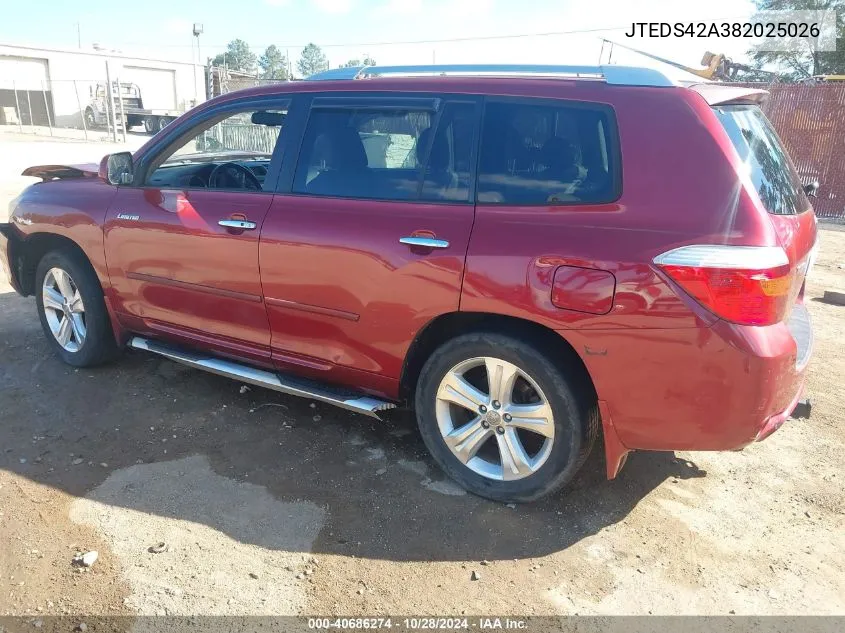 2008 Toyota Highlander Limited VIN: JTEDS42A382025026 Lot: 40686274