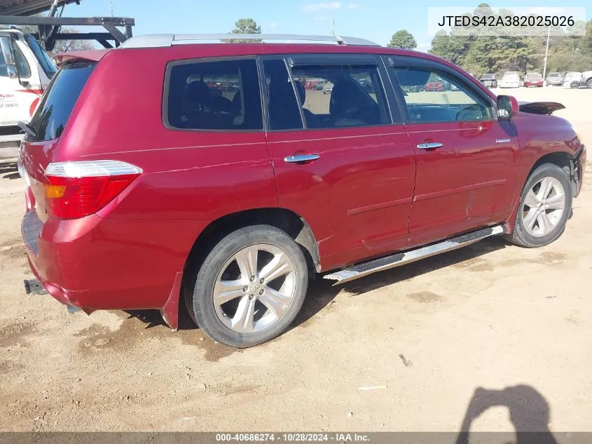 2008 Toyota Highlander Limited VIN: JTEDS42A382025026 Lot: 40686274