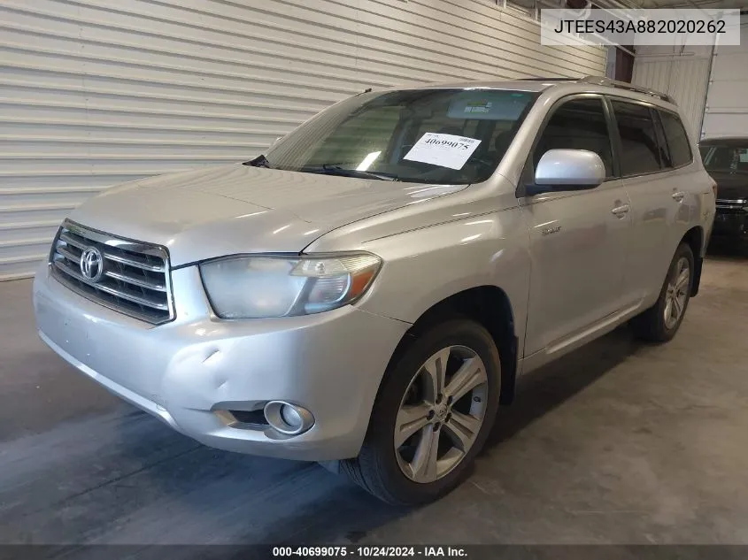 2008 Toyota Highlander Sport VIN: JTEES43A882020262 Lot: 40699075