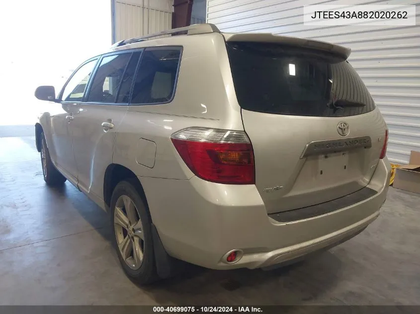 2008 Toyota Highlander Sport VIN: JTEES43A882020262 Lot: 40699075