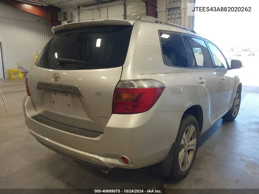 JTEES43A882020262 2008 Toyota Highlander Sport