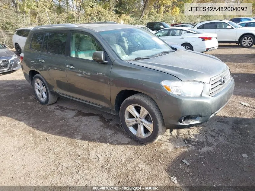 2008 Toyota Highlander Limited VIN: JTEES42A482004092 Lot: 40702142