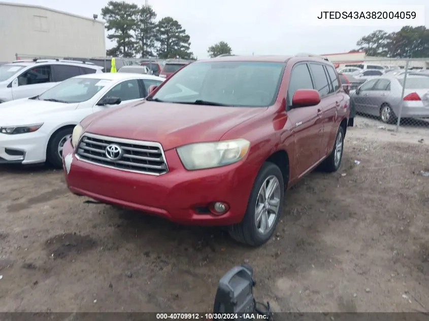 2008 Toyota Highlander Sport VIN: JTEDS43A382004059 Lot: 40709912