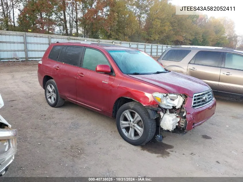 2008 Toyota Highlander Sport VIN: JTEES43A582052411 Lot: 40738025